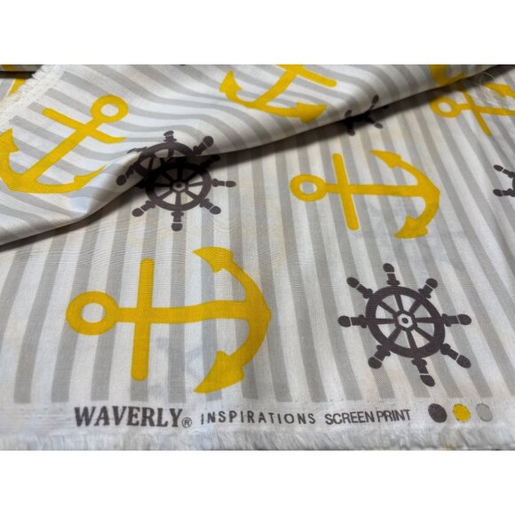 Waverly Anchors & Ship Wheels Nautical Fabric 1 yard + 6" x 44" Cotton Gray & Ye - Picture 2 of 5